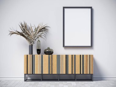 Modern iç fonda cam vazolar ile poster çerçevelerini 3D görüntüleme