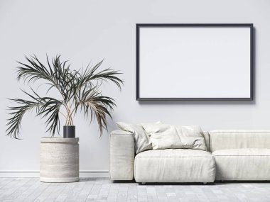 Poster çerçevelerini iç mekan bitkisi ve beyaz kanepe ile modern iç fonda 3D çizim 3D illüstrasyon