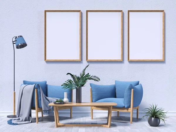 Három Mock Poszter Keretek Kék Fotelek Beltéri Növények Modern Belső — Stock Fotó