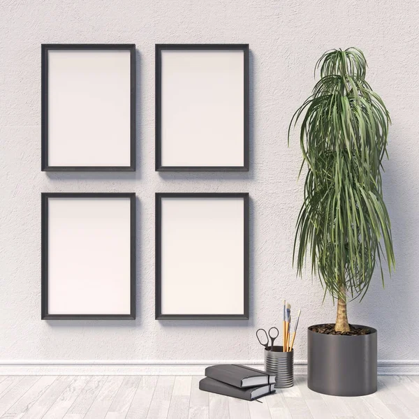 Four Mock Poster Frames Sketchbooks Plant Modern Interior Background Render — Stock Photo, Image