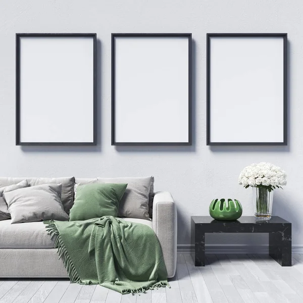 Três Quadros Cartaz Simulado Com Vaso Verde Fundo Interior Moderno — Fotografia de Stock