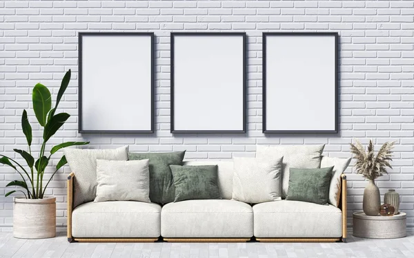 Three Mock Poster Frames Green Pillows Modern Interior Background Render — Stock Photo, Image