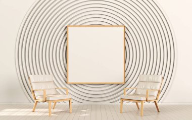 Modern iç planda iki koltuk ve daire ile poster çerçevelerini 3D görüntüleme