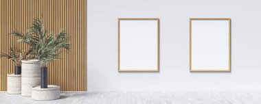 Modern iç arka planda bitkilerin olduğu iki poster çerçevesi 3D çizimi