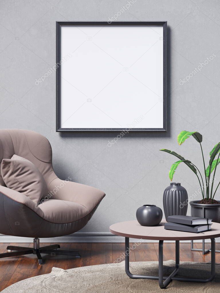 Mock up poster frame with cozy armchair in modern interior background 3D render 3D illustration