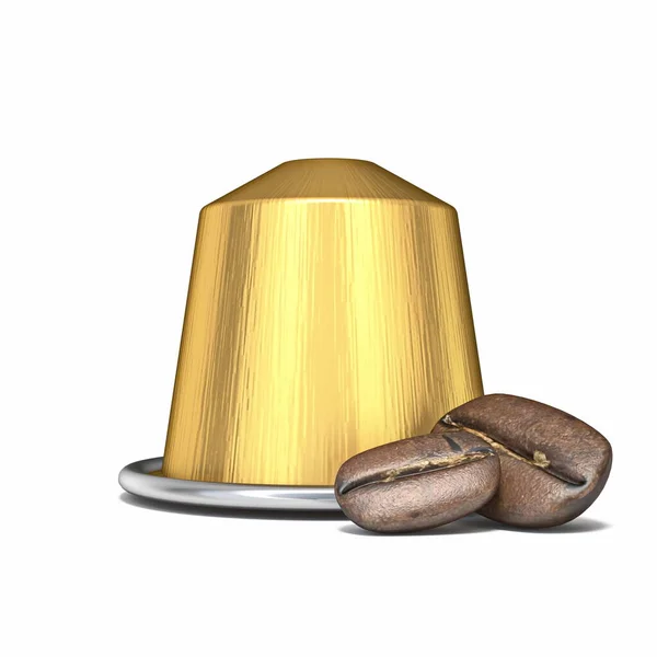 Golden Coffee Capsule Coffee Beans Rendering Illustration Isolated White Background — Fotografia de Stock