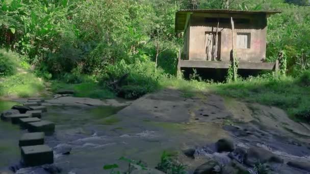 Casa Abandonada Borde Del Rio Con Arboles Alrededor — Stockvideo