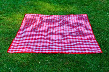 Kırmızı ve yeşil çimenlerin ve battaniyenin üst görüntüsü çimenli çimlerin üzerinde uzanmış havluyla
