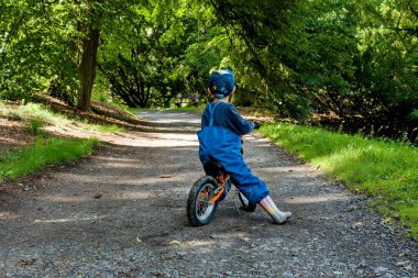 Ormanda güneşli bir günde kaskla bisiklet süren genç bir çocuk.