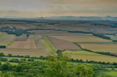 view of the green meadow with the fields and trees in the distance