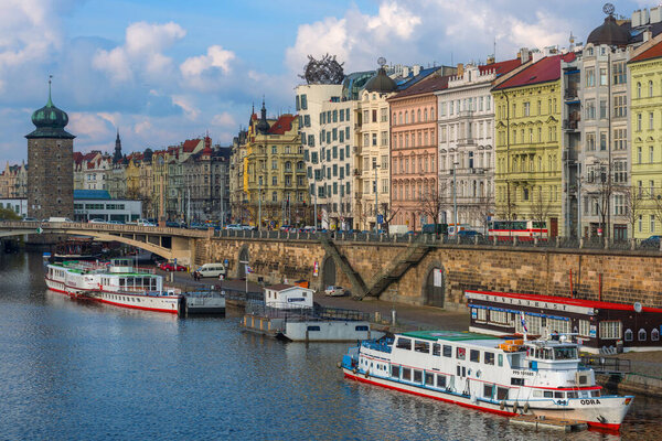 03.25.2014. Prague, Czech Republic. Vltava river and pier in the center of Prague