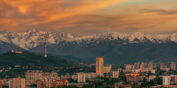 Almaty şehri ve Zailiyskiy Alatau dağı gün batımında anlamlı bir gökyüzünün altında.