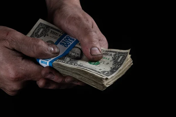 Куча Старых Банкнот Долларах Сша Грязных Руках Рабочего — стоковое фото