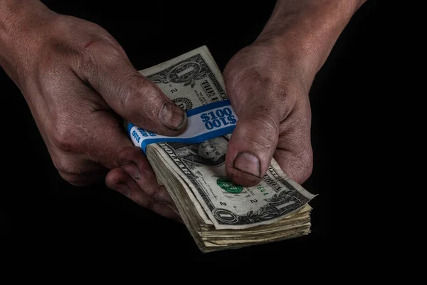Bundle Old American Dollar Bills Dirty Hands Working Man — Stock Photo, Image