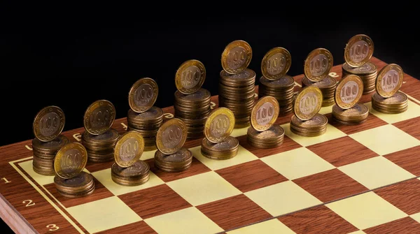 Chess Pieces Coins Denominations 100 Kazakhstani Tenge Chessboard Black Background — Stockfoto