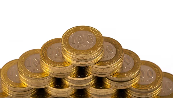 100 Kasachische Tenge Münzen Form Einer Pyramide Gestapelt — Stockfoto
