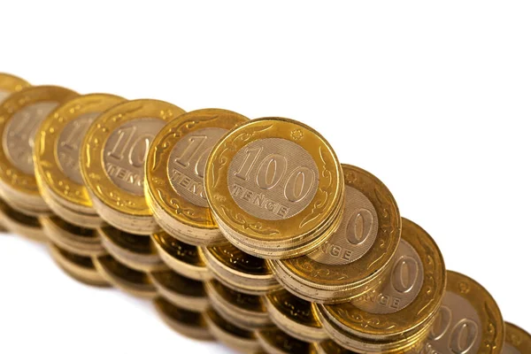 100 Kasachische Tenge Münzen Form Einer Pyramide Gestapelt — Stockfoto