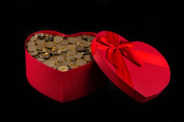 Kalp şeklindeki kırmızı hediye kutusu 100 ve 200 Kazak sikkesiyle dolu.