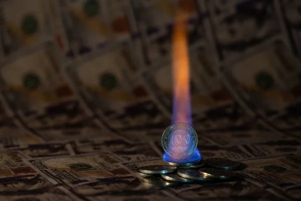 Kazakh Coins 100 Tenge Burning Background American Banknotes — Stock Photo, Image