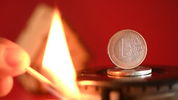 Euro Coin Stands Hot Gas Burner — Stock Video