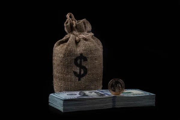 Bag American Dollar Symbol Black Background — Foto de Stock