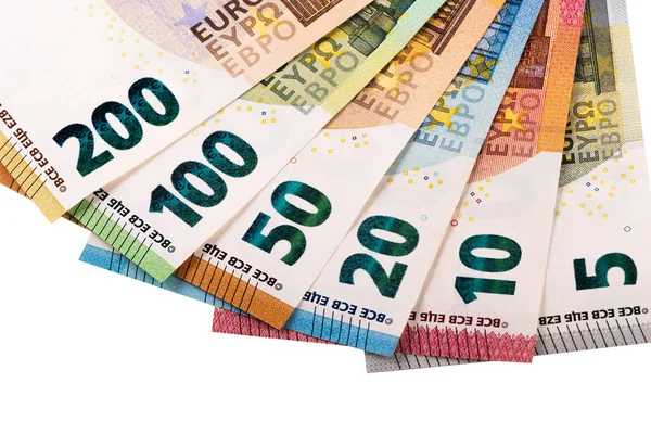 Billets Euros Différentes Coupures Sur Fond Blanc — Photo