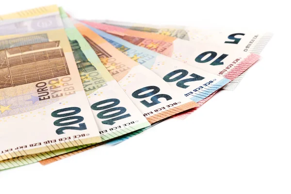 Банкноти Євро Різних Деномінацій Білому Фоні — стокове фото
