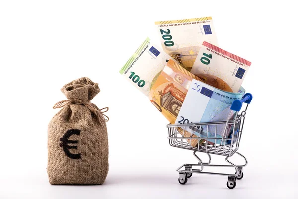 Символічний Візок Супермаркету Євро Банкнотами Різних Номіналів Білому Тлі — стокове фото