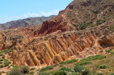 A picturesque gorge with multi-colored clay on the southern shore of the Kyrgyz lake Issyk Kul