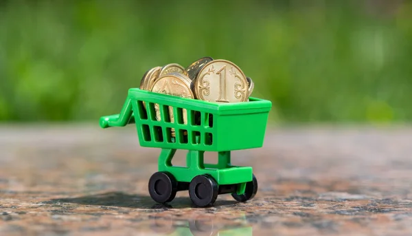 Several coins with the number 1 lie in a miniature shopping cart