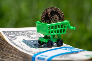 One American dollar coin with a miniature shopping cart on a stack of old American bills
