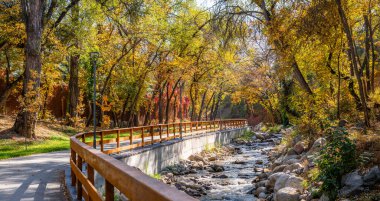 Bir sonbahar günü, donanımlı bir yürüyüş yolunun yanında bir nehir.