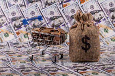 İçinde Amerikan doları sembolü ve Amerikan parası olan çanta.