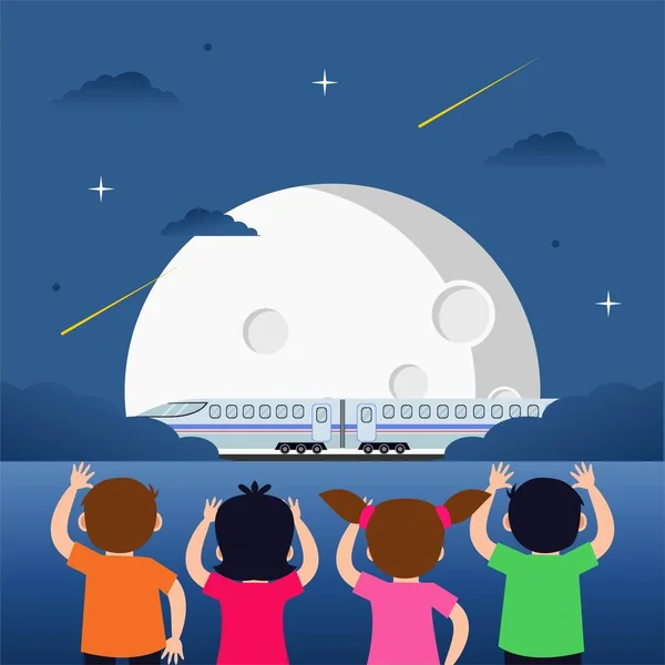 Vektor Tervezés Illusztráció Gyerekek Nézi Vonat Átkelés Holdon — Stock Vector
