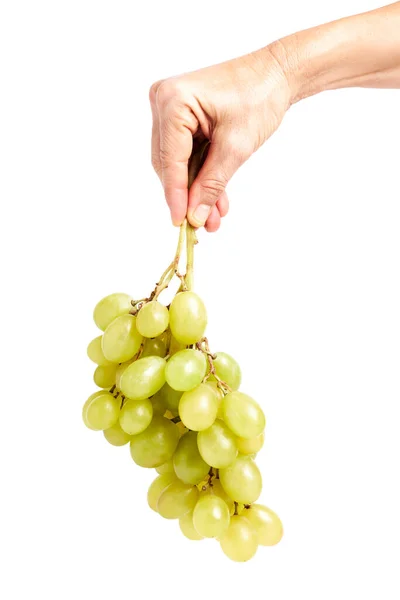 Кластер Зеленого Винограду Тримається Рукою Жінки Білому Тлі Концепція Здорової — стокове фото