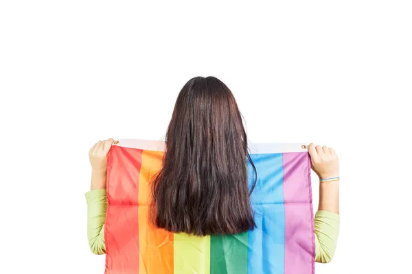 Aantrekkelijke Vrouw Zwaaiend Met Een Homo Lgbt Regenboog Vlag Haar — Stockfoto