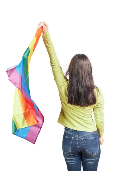 Aantrekkelijke Vrouw Zwaaiend Met Een Homo Lgbt Regenboog Vlag Haar — Stockfoto