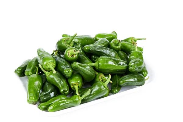 Group Green Peppers White Tray White Background Healthy Food Concept — Stock Photo, Image