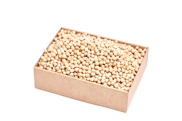 Cardboard Box Raw Chickpeas White Background Vegan Vegetarian Food — Stockfoto