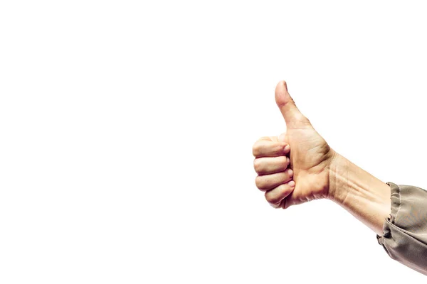 Рука Показывает Большой Палец Вверх Знак Изолированном Белом Фоне Женщина — стоковое фото