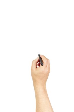Erkek eli yazıyorum. Duvara siyah kalem yaz. Kırpma yolu olan beyaz üzerine izole edilmiş. Çizim