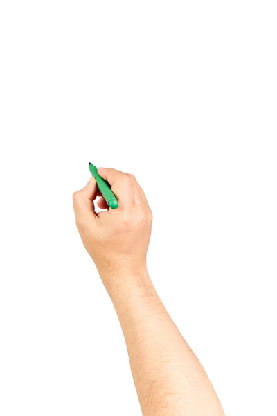 Escribiendo Mano Masculina Mantenga Pluma Verde Escribir Pared Aislada Blanco — Foto de Stock