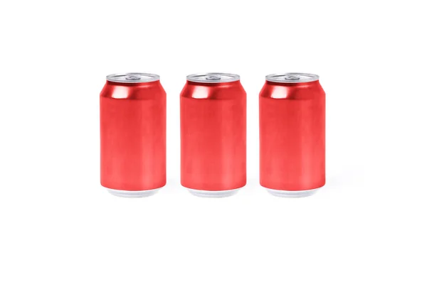 Three Red Aluminum Cans White Background Refreshing Drink Concept — Stock Photo, Image