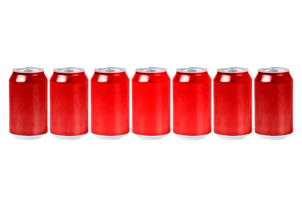 Hliníkové Plechovky Červenými Barevnými Variacemi Bílém Pozadí Koncept Osvěžujícího Nápoje — Stock fotografie