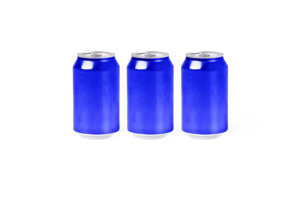 Три Алюминиевые Банки Синего Цвета Белом Фоне Концепция Освежающих Напитков — стоковое фото