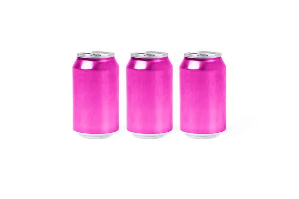 Три Розовых Алюминиевых Банки Белом Фоне Концепция Освежающих Напитков — стоковое фото