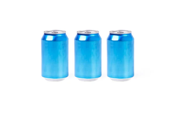 Three Light Blue Aluminum Cans White Background Refreshing Drink Concept — Stock Photo, Image