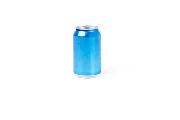 Light Blue Aluminum Can White Background Refreshing Drink Concept — Stock Photo, Image