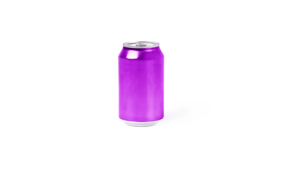 Фиолетовый Алюминиевая Банка Белом Фоне Концепция Освежающих Напитков — стоковое фото