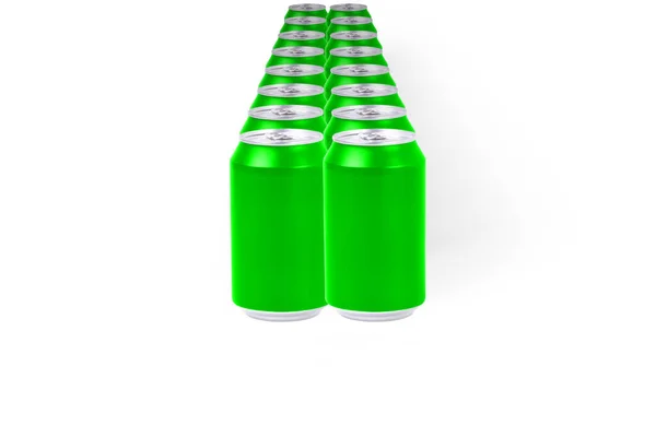Group Beer Soft Drink Cans Green White Background Depth Effect — Stock Photo, Image